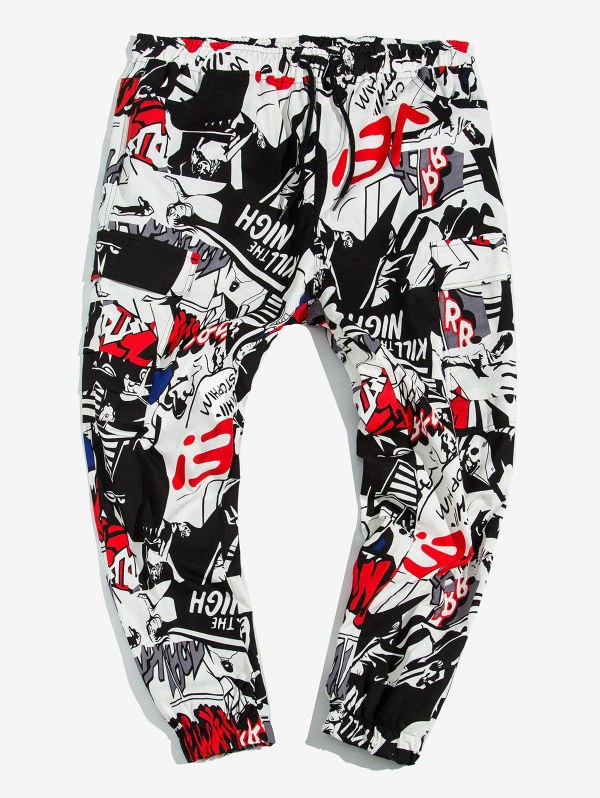 Allover Cartoon Print Drawstring Cargo Jogger Pants