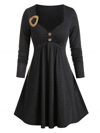 Buckle Detail Long Sleeve Heathered Dress