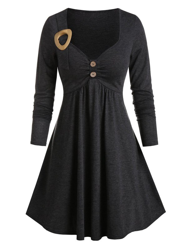 Buckle Detail Long Sleeve Heathered Dress