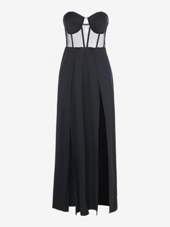 Bustier Mesh Panel Corset-style Thigh Slit Dress