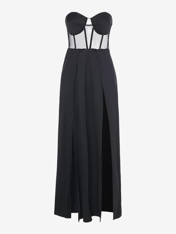 Bustier Mesh Panel Corset-style Thigh Slit Dress