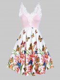 Butterfly Print Lace Panel Mini Cami Dress