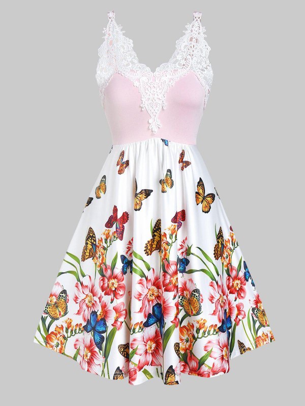 Butterfly Print Lace Panel Mini Cami Dress