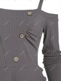 Button Ruched Knitted Cold Shoulder Dress
