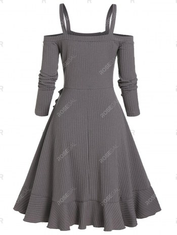 Button Ruched Knitted Cold Shoulder Dress