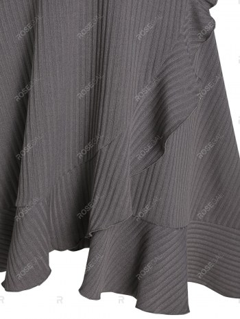 Button Ruched Knitted Cold Shoulder Dress