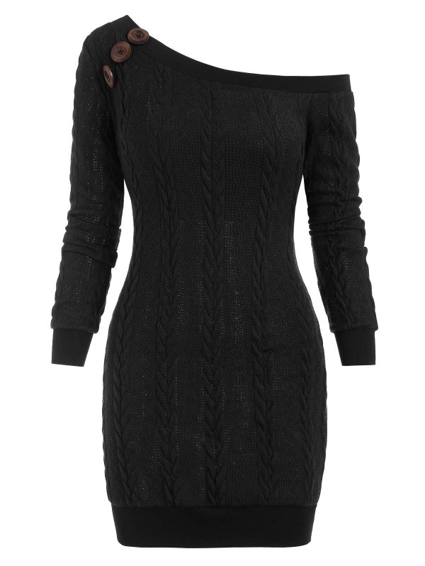Cable Knit Skew Neck Sweater Dress