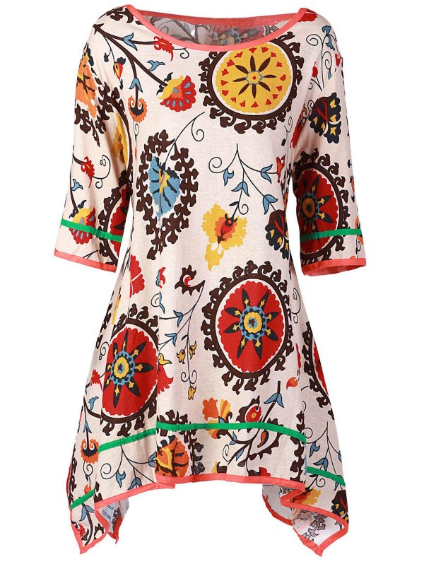 Casual Scoop Collar 3/4 Sleeve Asymmetrical Printed Women's Dress