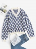 Checkerboard Drop Shoulder Oversized Slouchy Sweater