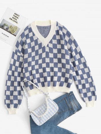 Checkerboard Drop Shoulder Oversized Slouchy Sweater