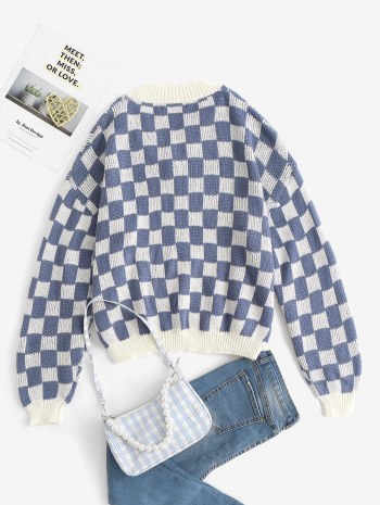 Checkerboard Drop Shoulder Oversized Slouchy Sweater