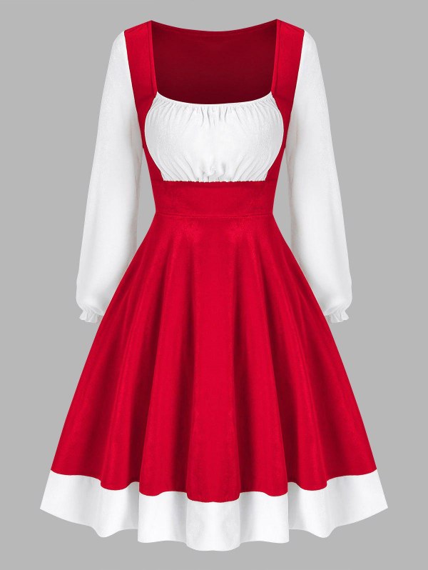 Christmas Long Sleeve Contrast Velour Dress