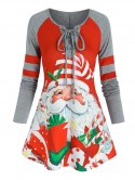 Christmas Santa Claus Gifts Print Lace-up Raglan Sleeve T-shirt