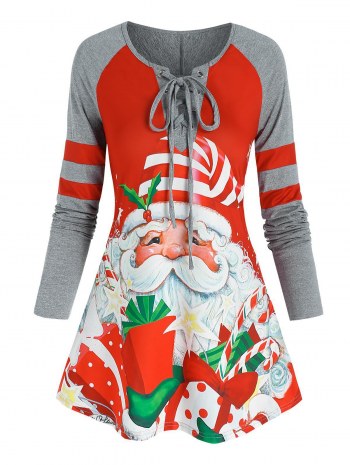 Christmas Santa Claus Gifts Print Lace-up Raglan Sleeve T-shirt