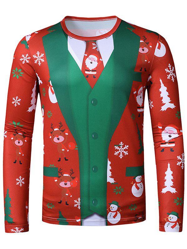 Christmas Santa Elk Faux Suit Print Slim Crew Neck T Shirt