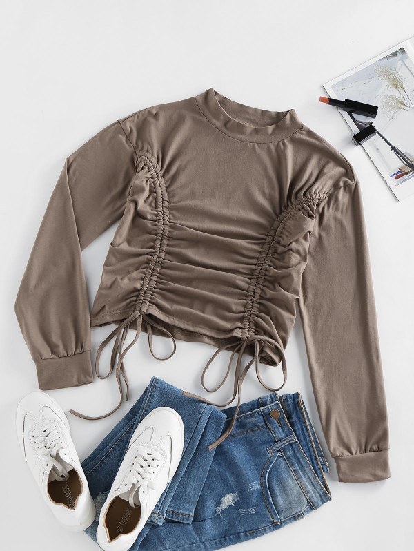 Cinched Drop Shoulder Plain T Shirt