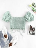 Cinched Smocked Puff Sleeve Crop T Shirt
