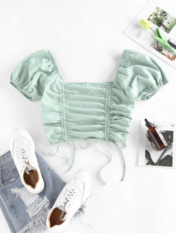 Cinched Smocked Puff Sleeve Crop T Shirt