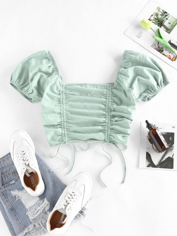 Cinched Smocked Puff Sleeve Crop T Shirt