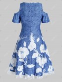 Cold Shoulder Floral Print Lace Hem A Line Dress