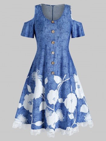 Cold Shoulder Floral Print Lace Hem A Line Dress
