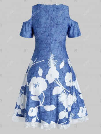 Cold Shoulder Floral Print Lace Hem A Line Dress