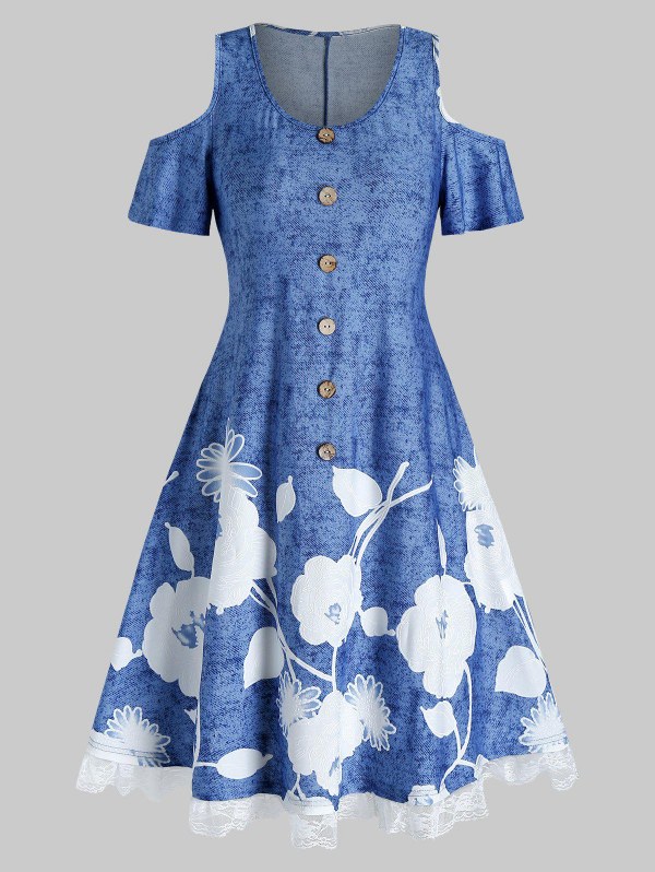Cold Shoulder Floral Print Lace Hem A Line Dress