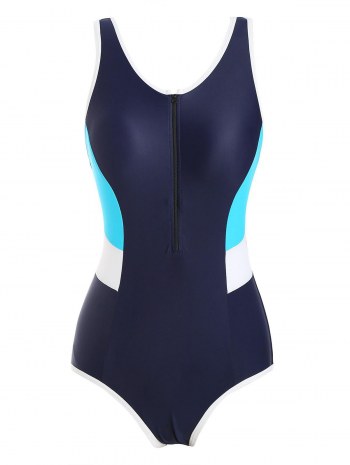 Colorblock Half Zip Contrast Binding One-piece Swimsuit