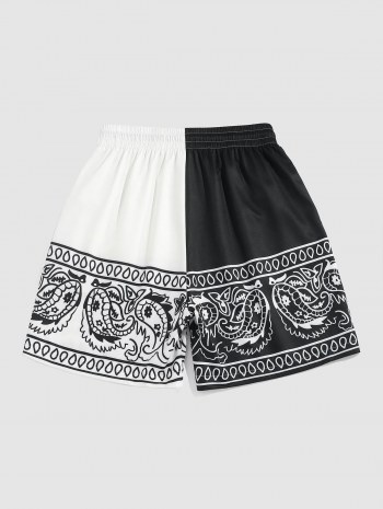 Colorblock Paisley Printed Drawstring Casual Shorts