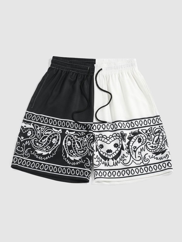 Colorblock Paisley Printed Drawstring Casual Shorts