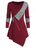 Contrast Trim Front Zip Asymmetric Sweater