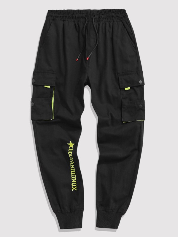 Contrasting Letter Beam Feet Cargo Techwear Pants