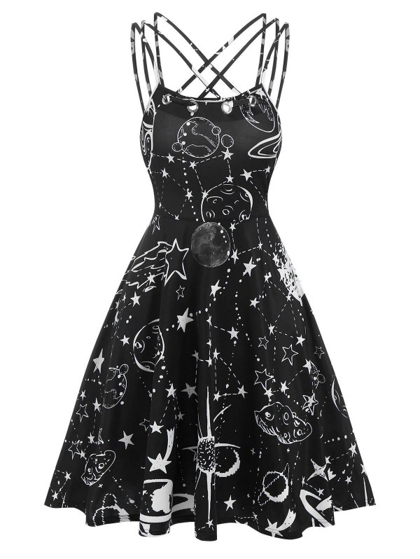 Crisscross Strappy Starry Sky Print Dress