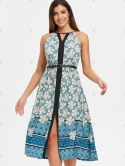 Cut Out Floral Print Midi A Line Dress
