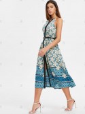 Cut Out Floral Print Midi A Line Dress