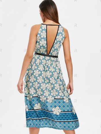 Cut Out Floral Print Midi A Line Dress