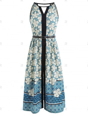 Cut Out Floral Print Midi A Line Dress