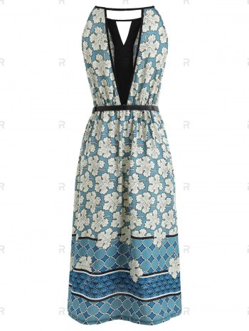 Cut Out Floral Print Midi A Line Dress