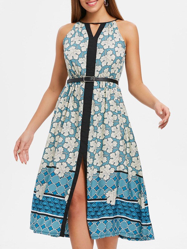 Cut Out Floral Print Midi A Line Dress