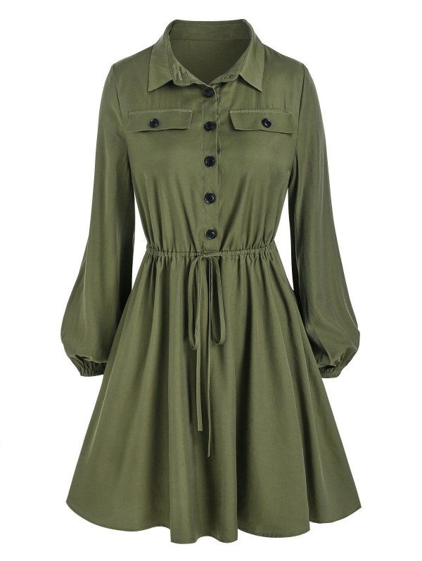 Drawstring Half Button Mini Dress