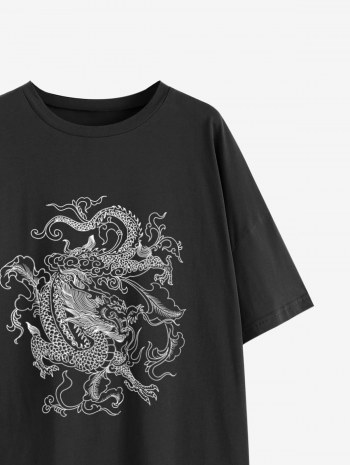 Drop Shoulder Oriental Dragon Print T Shirt