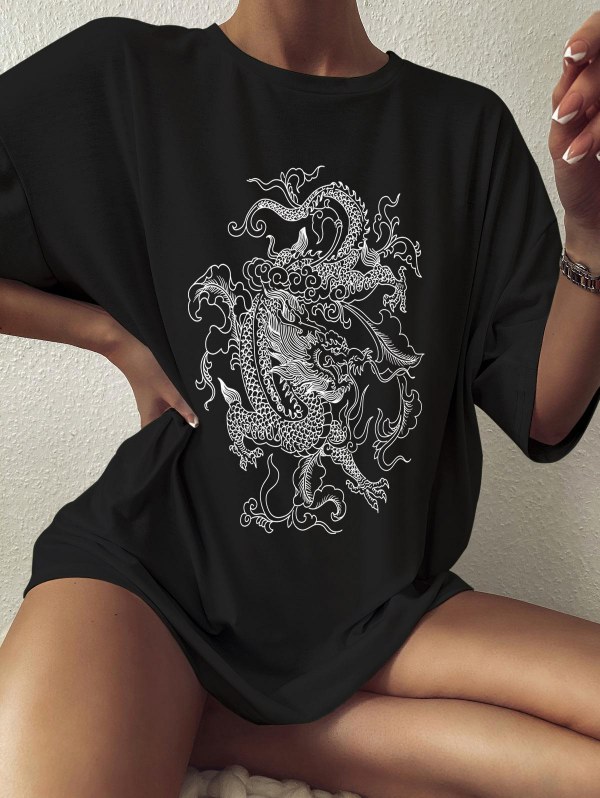 Drop Shoulder Oriental Dragon Print T Shirt