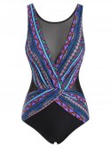 Ethnic Colorful Geometric Mesh Insert Surplice One-piece Swimsuit
