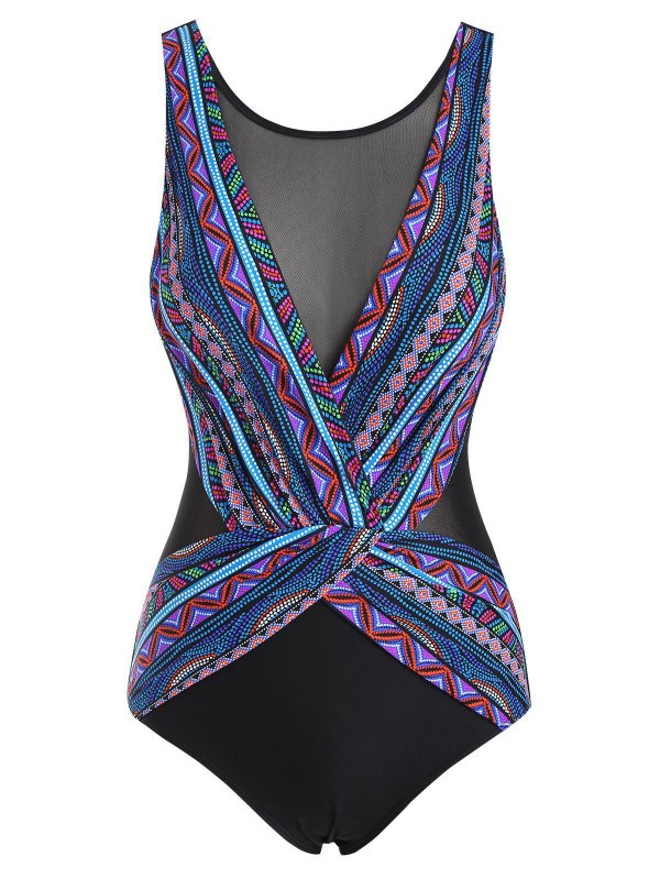 Ethnic Colorful Geometric Mesh Insert Surplice One-piece Swimsuit