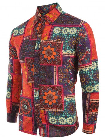 Ethnic Tribal Flowers Print Casual Shirt