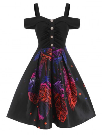 Feather Pattern Ruched Cold Shoulder Flare Dress