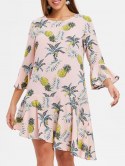 Flare Sleeve Flounce Pineapple Print Shift Dress
