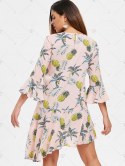 Flare Sleeve Flounce Pineapple Print Shift Dress