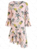 Flare Sleeve Flounce Pineapple Print Shift Dress