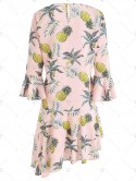 Flare Sleeve Flounce Pineapple Print Shift Dress